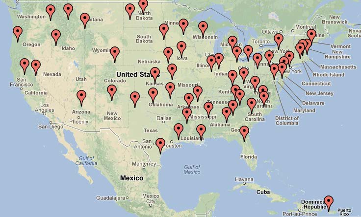 Map of distribution of University Centers in the Continental United States