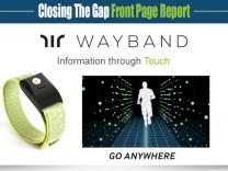 Actual WAYBAND device and rendering of how the technology helps a walker/runner stay within the “virtual corridor.”